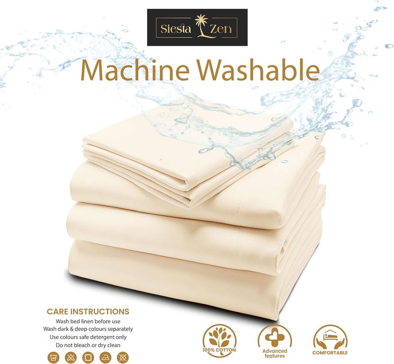 Siesta Zen شيت سرير مسطح كوين من قطن مصري 100% - سييستا زين 270x280 سم - ناعم للغاية بوزن 300 خيط، مقاوم للتلاشي والتجاعيد (كريم) - Image 5